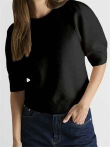 Women's Spring Autumn Knit Sweaters Half Sleeve O Neck Solid Color Bow Decor Casual Knitwear - Black - View 2
