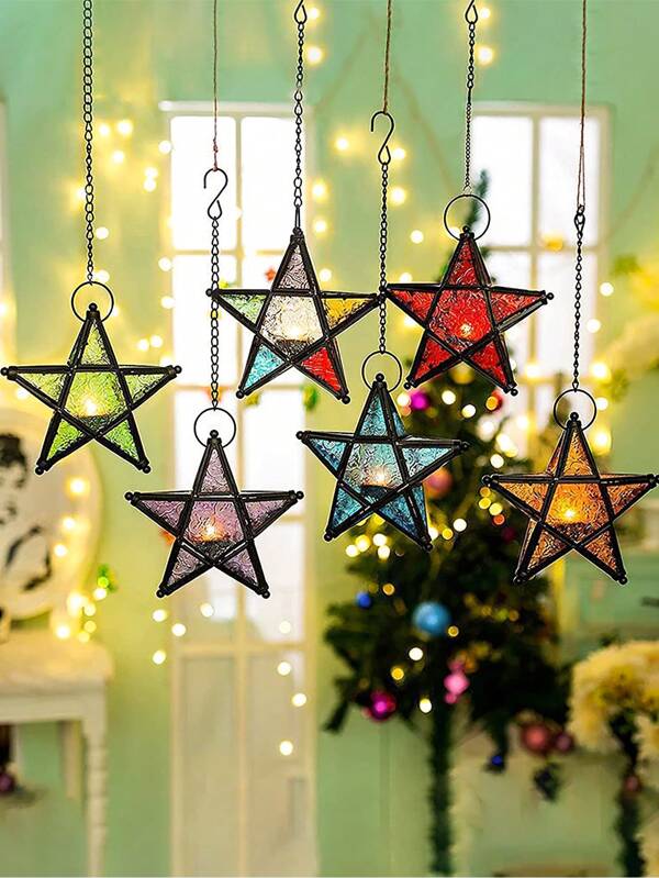 1pc, 7.7*7.3 Inch Iron Art Colorful Windproof Glass Star Shape Candle Holder Lamp, Vintage European Iron Frame Glass Hanging Candle Holder, Suitable For Home, Bar, Restaurant Decor And Gift