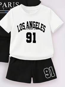 6pcs Young Boy Casual Outdoor Sports Red White Black 3 Color Los Angeles California Printed Round Neck Breathable Quick-Dry Short Sleeve T-Shirt And Shorts Set, Suitable For Spring & Summer Outdoor Activities - Multicolor - View 5