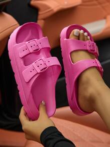New Fashion Thick Bottom Elevated Sandals For Women, Versatile EVA Lightweight Comfortable Soft Durable Double Adjustable Strap Sandals For Home, Party, Beach, Work, Shock-Absorbing - Hot Pink - View 6