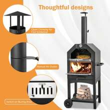 YODOLLA Outdoor Pizza Oven,Wood Fired Pizza Oven Maker Charcoal BBQ Grill 3-Tier Freestanding W/Chimney Built-In Thermometer, BBQ Pizza Maker With Pizza Stone & Wheels Outside Camping Backyard Party - Black - View 4