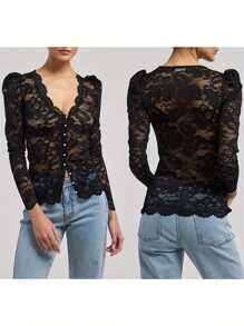 Women's Lace Tops Stylish Solid Mesh See Through Lace Floral Slim Fit V Neck Long Sleeve T-Shirt - 黑色 - 查看 6