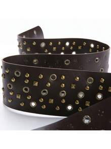 1pc Women's Retro Western Style Metallic Distressed Bronze Grommet Hollow Belt With Waist Chain, Fashion Accessory For Dress, Suitable For Daily Wear Summer, School Fall, Autumn, Halloween