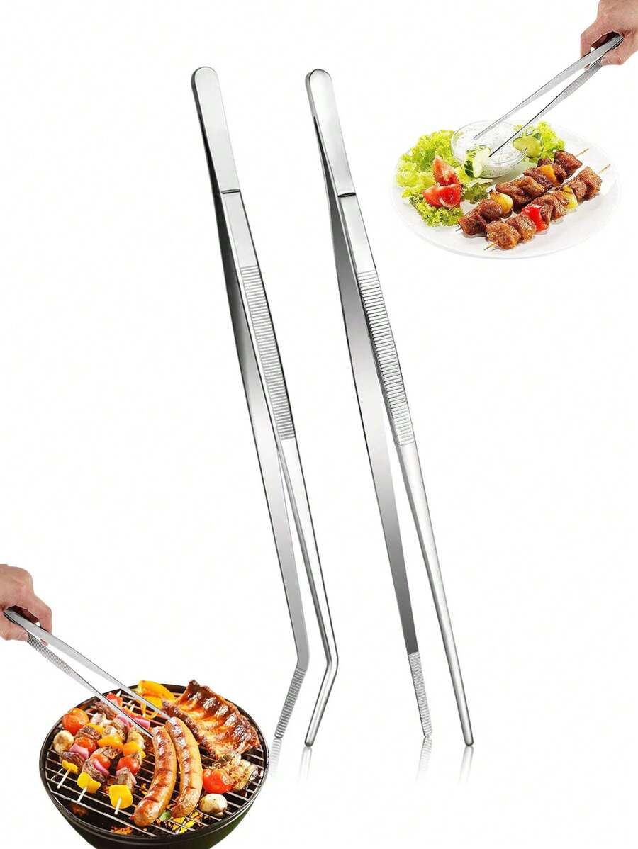 1pc/2pcs/4pcs Stainless Steel Long Tweezers, Long Barbecue Tweezers,Food Clip, Stainless Steel Tweezers Elbow, Dressing Tweezers, Fish Tank Water Grass Beetle, Tool Repair Clip, Tweezers, Kitchen Tweezers, Extra Long Stainless Steel Tweezers - Silver - View 1