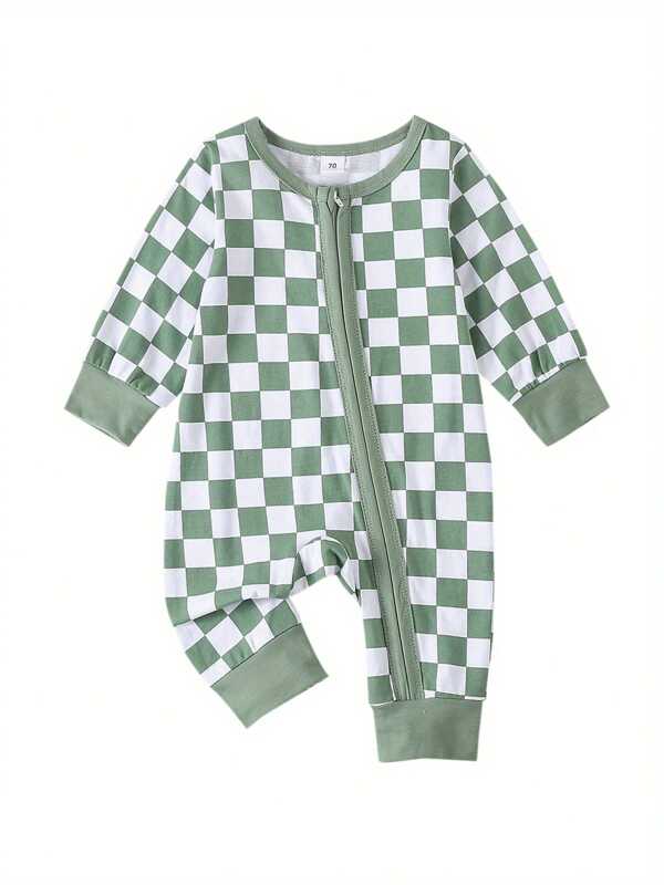 Baby Girl Boy Checkerboard Romper Round Neck Long Sleeve Full Length Zipper Jumpsuit For Fall