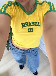 Women Y2K Football Baby Tees Vintage Graphic Print T-Shirt Tops Mexico Crop Top Jersey Shirt Summer Going Out Tops Aesthetic Clothes Streetwear - 黃色 - 查看 2