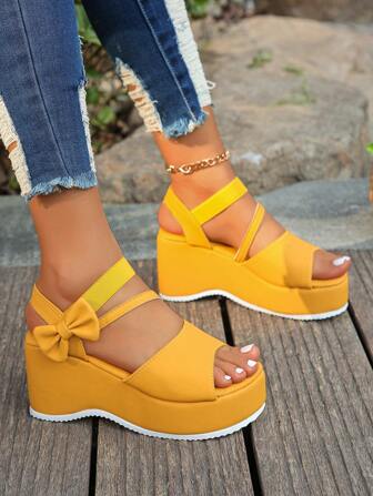 Platform Wedge Sandals For Women,Summer Fashion Elastic Band Bowknot Versatile Thick Bottom Sandals