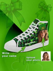 St. Patrick's Day Women's Custom High Top Canvas Shoes, Customized Photo And Name Sneakers, Shamrock Print Custom Men's Sneakers, Comfortable, Lightweight, Breathable, Non-Slip, Customized Gift For Mom/Dad/Her/Him/Girlfriend/Boyfriend/Wife/Husband/Friend - White - View 3