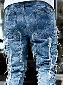 大码男士时尚提花流苏牛仔裤，Emo 风格 - 藍色 - 查看 4