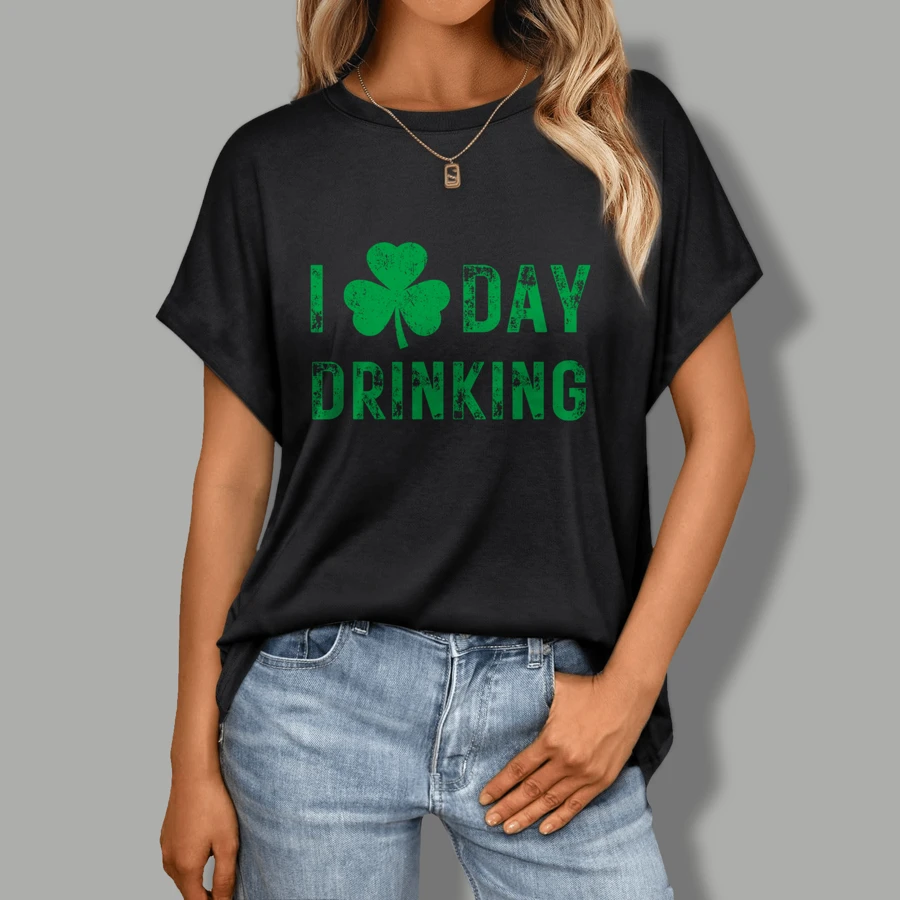 Women's I Love Day Drinking Shamrock Heart Love St PaddyS Day Graphic Print Tee Casual Short Sleeve Breathable Shirt -0230 - 黑色 - 查看 1