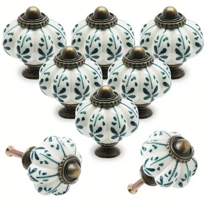 8pcs Elegant Vintage Pumpkin Ceramic Cabinet Knobs - Polished Zinc Alloy Drawer Pulls With Leaf Pattern, Screws Included, Perfect For Closets & Cupboards