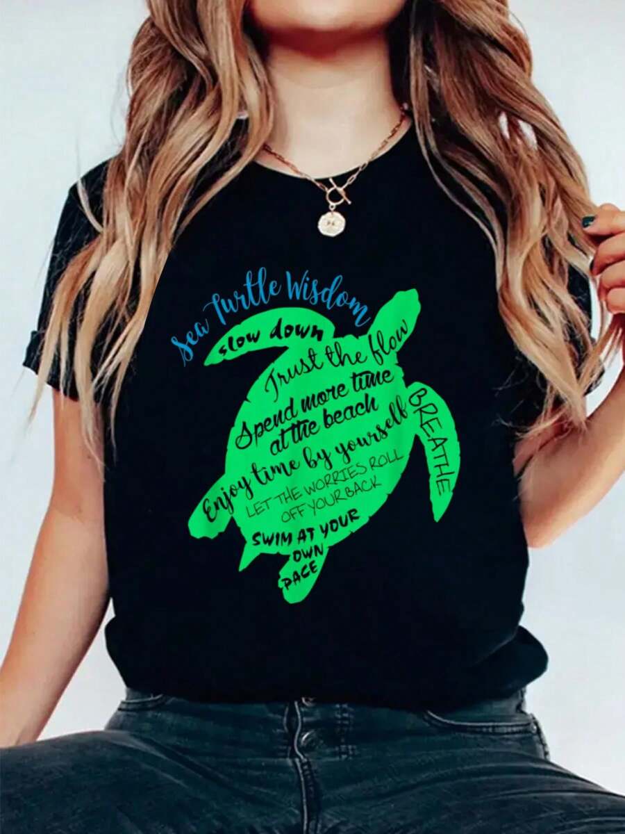 Green Sea Turtle Hawaiian Honu Wisdom T-Shirt Print Cotton T-Shirt For Summer, Women's Soft Short Sleeve Top, Stylish Comfy Tee For Women Graphic Tees - 黑色 - 查看 1