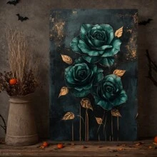 Emerald Green Rose Wall Art, Modern Botanical Canvas Print, Bedroom, Living Room, Bathroom Home Decor,Festive Touch For Valentine's And New Year