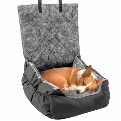 Plush Dog Car Seat For Small Dogs & Cats, Cosy Pet Travel Bed With Leash, Storage Pocket & Non-Slip Base, Ideal Car Dog Seat For Secure Travel (Black, 50x50x20cm)
