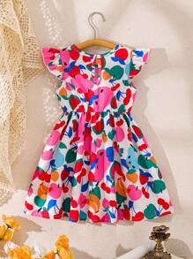 Young Girls Cartoon Fruit All Over Print Cap Sleeve Round Neck Dress
