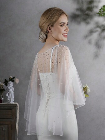 1 件新娘婚礼斗篷披肩，手工珍珠飘逸面纱披肩，简约串珠套头衫婚纱配饰女士秋季服装