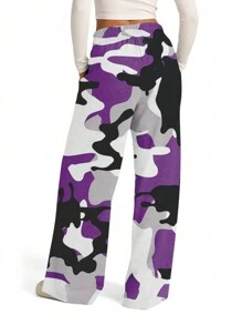 Women's Spring Summer Baggy Pants Drawstring Camouflage Loose Fit Wide Leg Trousers - 紫色 - 查看 7