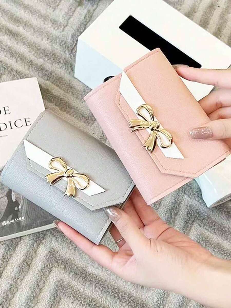 1pc Unisex Fashion Creative Trifold Bow Decor Mini Compact Card Holder, Large Capacity Multi-Card Slots Wallet For Coins, Cash, Keys, Suitable For Business, Student, Dating, Anniversary, Daily Use, Gift,Boho Vibes