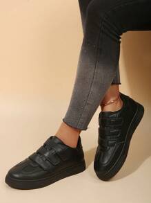 女士新款系带圆头休闲白色运动鞋，适合学生、户外、日常散步、春秋季 - 黑色 - 查看 4