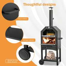 YODOLLA Outdoor Pizza Oven,Wood Fired Pizza Oven Maker Charcoal BBQ Grill 3-Tier Freestanding W/Chimney Built-In Thermometer, BBQ Pizza Maker With Pizza Stone & Wheels Outside Camping Backyard Party - Black - View 5