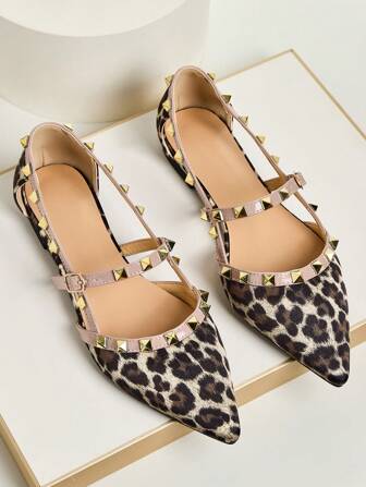 Fall/Winter Leopard Print Flat Comfortable Casual & Fashion Rivet Decor Women Loafers