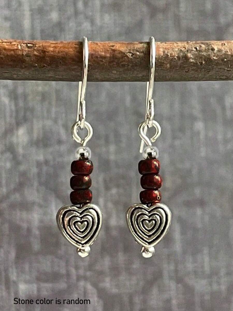 2pcs Fashionable Elegant Natural Stone & Metal Multi-Color Heart Beaded Spiral Earrings Pendants, Suitable For Parties, Casual Outfits And Daily Wear