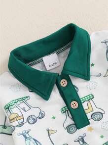 Boys Autumn 2PCS Outfit Sets Long Sleeve Lapel Golf Print Tops Solid Color Pants Sets - Green - View 6