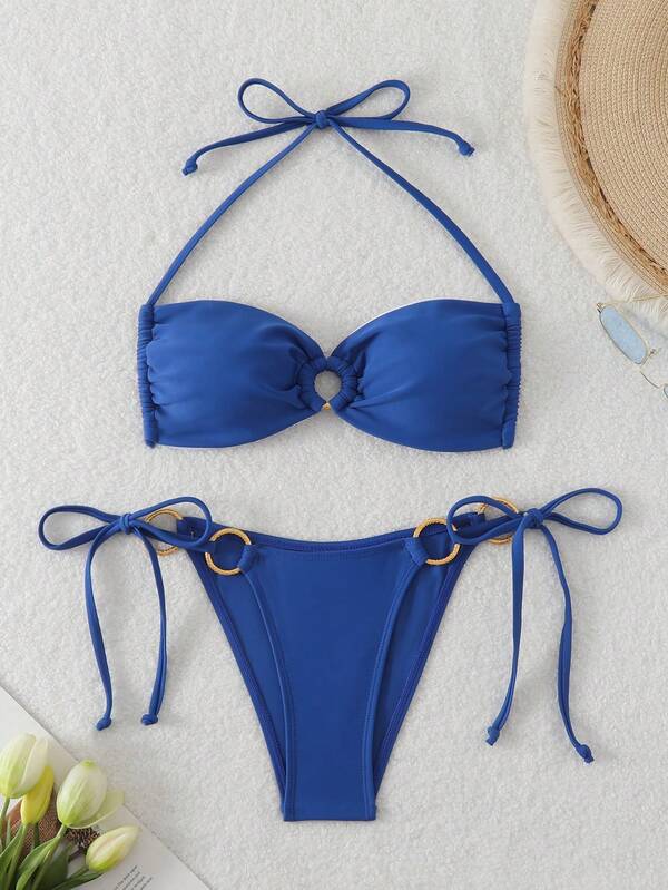 Conjunto de biquíni feminino cor sólida com amarração halter, para férias de verão na praia