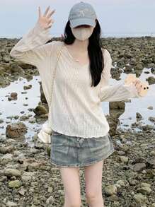 YUXIN 新款宽松条纹长袖轻便休闲T恤上衣，薄款春夏防晒罩衫 - 杏色 - 查看 9