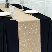 1pc Gold Linen 28*275cm Table Runner, Decorated With Lanterns, Crescent Moon, Gold Stars, Mosque, Greetings, Suitable For Home, Dinner Party, Festival Celebration - Solid Color - View 19