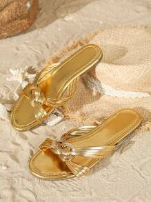 Damen Gold gewobenes Metallic-Riemen Kreuz-Überkreuz Slip-On Flache Sandalen mit rutschfester TPR Sohle - Gold - Übersicht 6