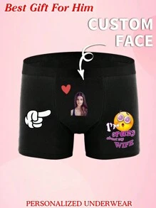 Personalized Photo Printed Heart Pattern Men's Briefs, Elastic Comfortable Casual Customized Underwear, Great Gift For Boyfriend, Husband, Valentine's Day - Black - View 6