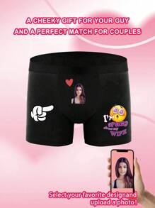 Personalized Photo Printed Heart Pattern Men's Briefs, Elastic Comfortable Casual Customized Underwear, Great Gift For Boyfriend, Husband, Valentine's Day - Black - View 1