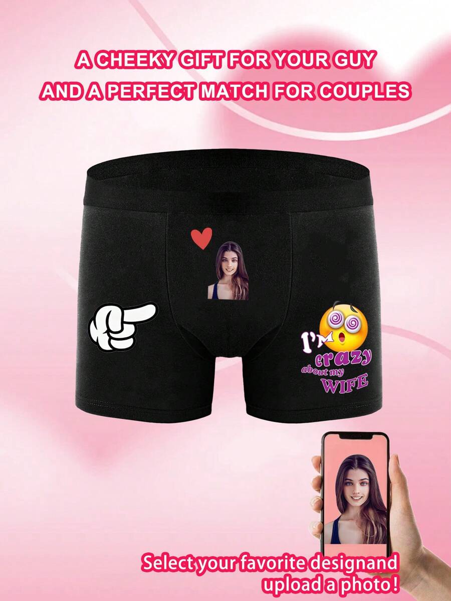 Personalized Photo Printed Heart Pattern Men's Briefs, Elastic Comfortable Casual Customized Underwear, Great Gift For Boyfriend, Husband, Valentine's Day - Black - View 1