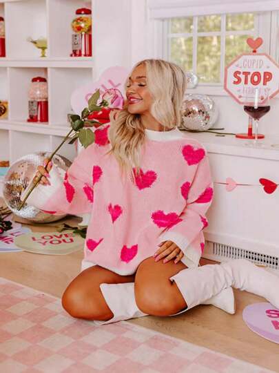 Plus Size Women's Sweater Heart Pattern Long Sleeve Top Split Detail Creative 3D Valentine's Day Shirt Stylish Women's Apparel Tops Valentine's Day