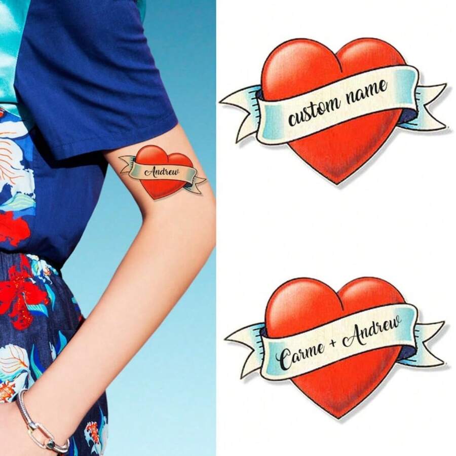 15pcs Custom Old School Heart Temporary Tattoo, Custom Names Tattoo For Mother's Day, Fun Gift For Loved One, Best Friend Or Family Member, Multi-Functional, Ornamental, Letter, Solid Color, Exquisite, Stylish, Vintage, Modern, Colorful, Leisure, Basics, Casual, Soft, Unique, Customized, Personalized, Custom, Ideal Gifts For Her, Girlfriend, Her, Boyfriend, Friends,Beauty & Health,Halloween Edit