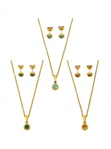 3入組時尚不鏽鋼湖藍色圓項鍊耳環套裝,適用於女性聖誕新年生日禮物,舞會配件套裝,波西米亞度假風格