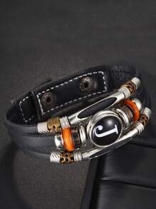 1pc 26 Piece Leather Alphabet Bracelet, Men/Couples Fashion Handmade Beaded Multilayer Punk Wristband, Birthday Wedding Gift, Daily Wear - Black - View 6