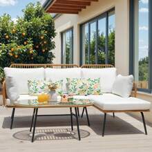 SHEIN X Heather Rae Outdoor Patio Rattan Furniture Set 3-Piece Conversation Set With Cushions & Table,White,Springbreak ,Valentine's Day Ideas