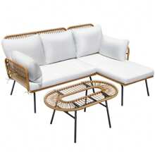 SHEIN X Heather Rae Outdoor Patio Rattan Furniture Set 3-Piece Conversation Set With Cushions & Table,White,Springbreak ,Valentine's Day Ideas