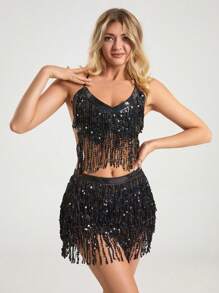 Sequin Tassel Dress Set, Women Belly Dance Dress, Short Tight Camisole, Mini Skirt, Club Performance Outfit, Sequin Tassel Women 2 Pieces Set - Multicolor - View 14