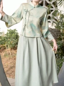 Parte superior de cheongsam estilo tradicional chino en tejido de terciopelo con diseño de ciervos - Verde Oliva - Ver 2