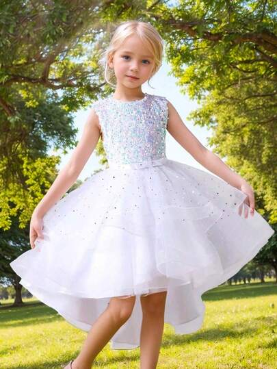 Sleeveless Sequin Net Big Hem Trailing Princess Dress For Tween Girls, Wedding Party Bridesmaid Formal Gown