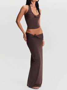 Womens Stylish Halter Neck Camisole Tops Summer Sleeveless Solid Hue Knot-Front Elegant Blouses Dressy Shirt Tops