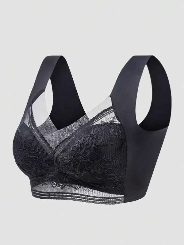 Women's Seamless Wireless Lace Trim High Elasticity Black Bra