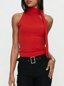 Women's High Neck Tank Tops Sleeveless Solid Color Slim Fitted Tops Summer Shirts - Red - View 3