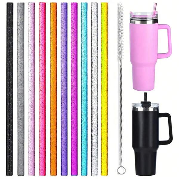Set de 7 piezas Pajitas reutilizables de plástico duro transparente con purpurina, irrompibles de 12 pulgadas para vasos de 40 onzas, con cepillo de limpieza, para uso en bares/comercial, útiles escolares