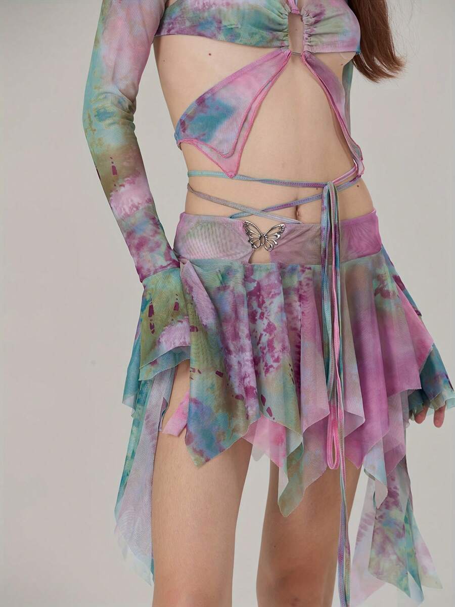 Women's 3 Piece Summer Outfits Long Sleeve Shrug Tops Tie Dye Print Vest Irregular Mini Skirt Set - 綠色 - 查看 1