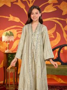 Tween Girls' Arabic Sequin Robe - Green - View 6
