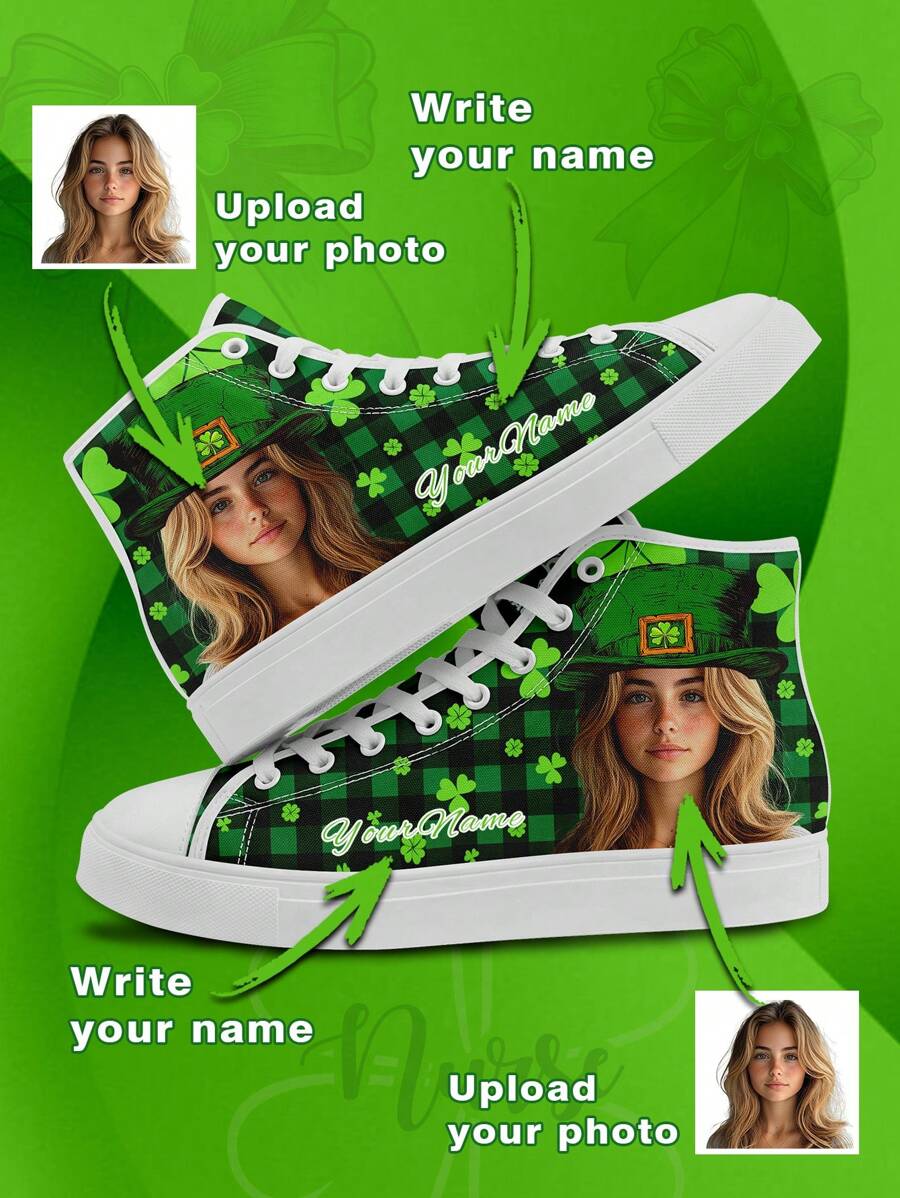 St. Patrick's Day Women's Custom High Top Canvas Shoes, Customized Photo And Name Sneakers, Shamrock Print Custom Men's Sneakers, Comfortable, Lightweight, Breathable, Non-Slip, Customized Gift For Mom/Dad/Her/Him/Girlfriend/Boyfriend/Wife/Husband/Friend - White - View 1